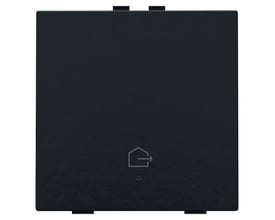 Niko forlad hjem tryk i mørkegrå bakelit med tydeligt hus-symbol og diskret LED-lys, vist tæt på.