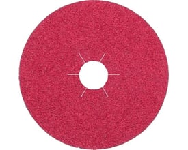 Rød Ironside-fiberrondel set forfra med centerhul, keramisk slibemiddel, Ø180 mm og kornstørrelse 36.