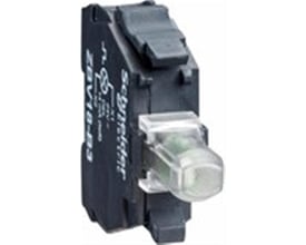 Nærbillede af Schneider Electric LED lysmodul, viser skrueklemme og mærkning med "ZB V18.03" og Schneider Electric logo.