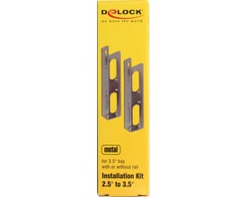 Gul emballage til DeLock installationskit, 2,5″ til 3,5″, med illustration af beslag og produktbetegnelse.
