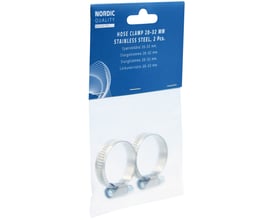 Nordic Quality slangeklemme 20-32 mm i rustfrit stål, 2 stk. i emballage med produktinformation.