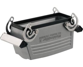 Weidmüller kabelhus størrelse 8 til 1xPG29 med to fastgørelsesbøjler, vist fra siden i gråt metal.