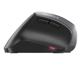 Sort ergonomisk vertikal mus Cherry MW 4500 Left til venstrehåndede, set skråt med sideknapper og rød lysindikator.