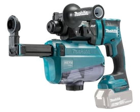 Makita 18V borehammer med AWS og AVT-teknologi, komplet med støvopsamler og batteri på hvid baggrund.