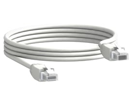Schneider Electric ledning på 0,3 m med 2xRJ45 stik i hvid, pakket i en løs hvid sløjfe.