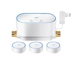 GROHE Sense Kit, elektronisk vandafbryder og tre vandsensorer i hvid, med ledning og adapter.