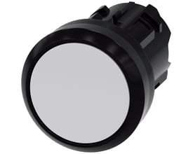 Siemens SIRIUS ACT 22mm trykknap med en rund, hvid plastikknap og sort plastikhus på hvid baggrund.