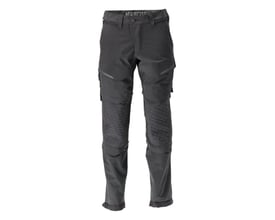 Fuld længde af Mascot arbejdsbukser, str. C54, i sort, med synlig logo på linningen og detaljerede CORDURA®-forstærkede knæpartier.