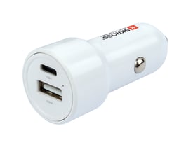 Skross dobbelt biloplader i hvid med USB-C PD og USB-A porte, 65W hurtigladning.