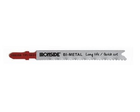 Ironside T123X-stiksavklinge i bi-metal til metal, med lang tandet klinge og rødt skaft set fra siden.
