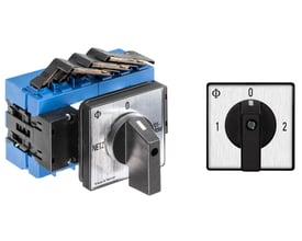 Kraus & Naimer afbryderkontakt, 3-polet med sort aflåseligt greb, vist fra siden med blå baggrund og koblingsterminaler.