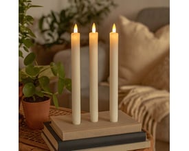 Tre LEDlife LED stearinlys med flammeeffekt står på bøger og skaber hygge i en stueopsætning med planter.