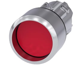 Siemens 22mm trykknap med rund, rød frontring i højglans metal, med tydelig monteringsmekanisme på bagenden.