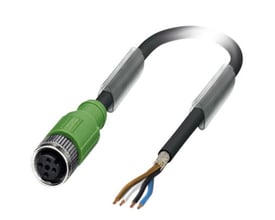 Detalje af Phoenix Contact 4-polet M12 sensorkabel, viser hun-konnektoren og de afisolerede ledere i et komplet kabel på 5 meter.