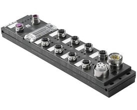 Weidmüller UR67-PB-78-16DI-12-60K fordelerboks med 16 digitale udgange, Profibus DP, viser forskellige M12 og 7/8“ stik samt LED-indikatorer.