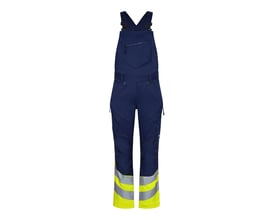 Engel Safety Overall i str. 104 i farven Blue Ink/Gul, med høj ryg og reflekterende striber ved anklerne.