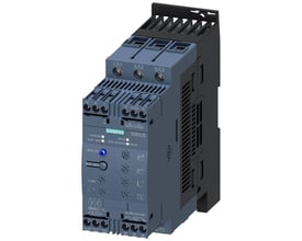 Siemens SIRIUS softstarter S2, 63A, 30kW med skrueklemmer, vist forfra med tydelige mærkninger og knapper til indstilling og reset.