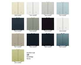 Oversigt over 13 forskellige farver Niko 2-tryk til Niko Home Control med integreret komfortsensor og LED.