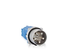 CEE stik med 160A, 6h pinposition og 3P+PE konfiguration, vist med blåt plasthus og metalstik.