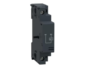 Detaljeret visning af Schneider Electric underspændingsudløser, der viser monteringsmekanisme og mærkningssymboler.