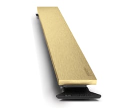 Unidrain Highline afløbsrende panel på 300 mm i messing med Unidrain logo synligt på en hvid baggrund.