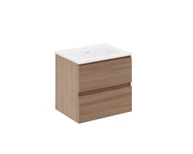 Cosmic underskab i valnød med 60 cm bredde, to skuffer og integreret greb, samt hvid porcelænsvask monteret ovenpå.