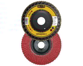 To Tyrolit Cerabond X lamelrondeller, en samlet og en adskilt, viser den røde slibeflade og sorte bagside.