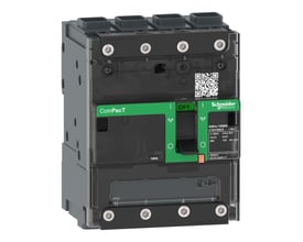 Schneider Electric ComPacT NSXm 100NA lastadskiller set fra siden, med tydelig angivelse af 'OFF' og tekniske specifikationer på en mærkat.