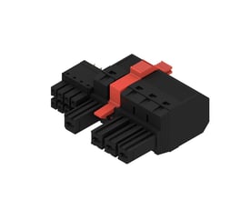 Weidmüller hybridstik med fire poler og PUSH IN-tilslutning ses skråt forfra med sort stikdel og rød aktuator.