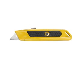 Ironside universalkniv på 150 mm i gul med sort gummigreb og udtrukket klinge, set fra siden.