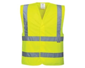 Gul Portwest synlighedsvest med velcro lukning og reflekterende bånd, vist i fronten på neutral baggrund.