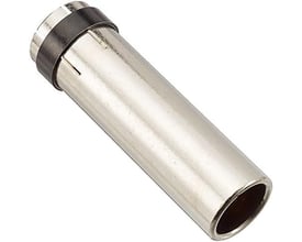 Cylindrisk MB 36 gasdyse i forniklet metal med en sort ring for enden, ideel til svejseopgaver.