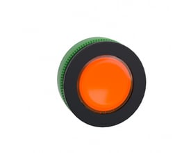 Orange LED flush lampehoved fra Schneider Electric med sort ramme og grøn fastgørelsesring på hvid baggrund.