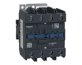 Schneider Electric TeSys D 4-polet kontaktor (80A, 400VAC) vist skråt forfra, med tydelige mærkater og terminalskruer i et mørkeblåt kabinet.