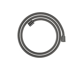 Hansgrohe håndbruserslange på 1,6 meter i sort krom, vist snoet i en cirkel på hvid baggrund.