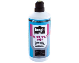 Tangit KS Nordic rensevæske til plastsvejsning i en hvid flaske med blå og pink etiket og sort låg, 1 liter.