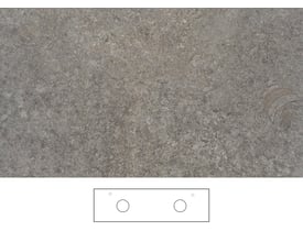 Svedbergs Mineral bordplade i kalksten, 161 x 46 cm, med grå stenstruktur og tegning af dobbelt udskæring og armaturhuller.