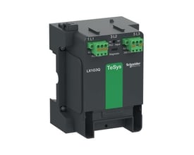 Schneider Electric kontrolmodul LX1G3Q til 3-polet TeSys Giga kontaktor, viser terminaler og diagnostikfunktioner. Modulet er mørkegråt med grønne mærker.