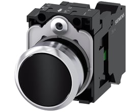 Siemens 22mm trykknap i sort metal med rund, flad trykflade og fjederklemme på hvid baggrund.