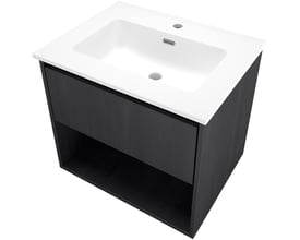 Sanibell Proline møbelsæt 61x46 cm i sort eg med en skuffe og åben hylde, hvid porcelænsvask med hanehul og overløb.