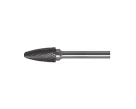 Ironside roterende hårdmetalfil F 1225 X, 25 x 12 mm, med spidset, afrundet filhoved og skaft set fra siden.