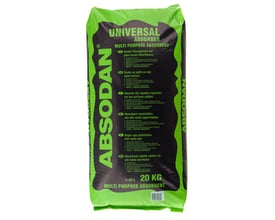 Sæk med Absodan universal oliegranulat på 20 kg i grøn og sort emballage med teksten Universal Absorber.