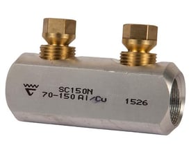Elpress knækbolt muffe SC150N til 1 kV kabler, viser muffens messingbolte og aluminiumshus med 70-150 mm² mærkning.