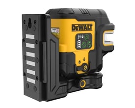 DeWalt DCLE14251GB-XJ krydslinjelaser med grøn laser og 5 punkter, vist med monteringsbeslag på siden.