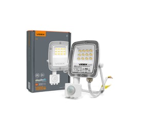 Videx LED-projektør på 10 W med PIR-bevægelsessensor ses forfra sammen med den grå og orange emballage.