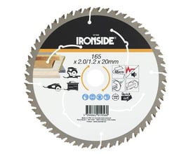Ironside rundsavklinge til træ, set forfra med sølvfarvet tandkrans og mærkning for 165 mm og 48 tænder.