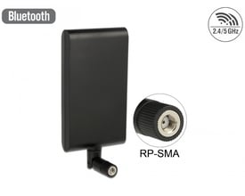 Sort DeLock dualband-WLAN-antenne med flad rektangulær antenneflade og RP-SMA-stik, vist med stikdetalje.