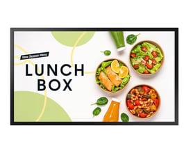 Samsung OM32DX 32-tommers FHD-skærm set forfra med sort ramme og en farverig madmenu på skærmen.