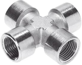 Festo X-forskruning NPFC-X-4G14-F med fire forbundne gevindporte i forniklet messing, velegnet til trykluftsystemer.