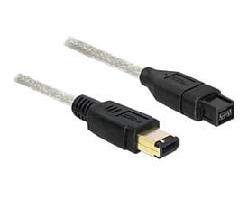 DeLock FireWire-kabel på 1 meter med sort kabel og 9-polet samt 6-polet hanstik, vist med begge ender.